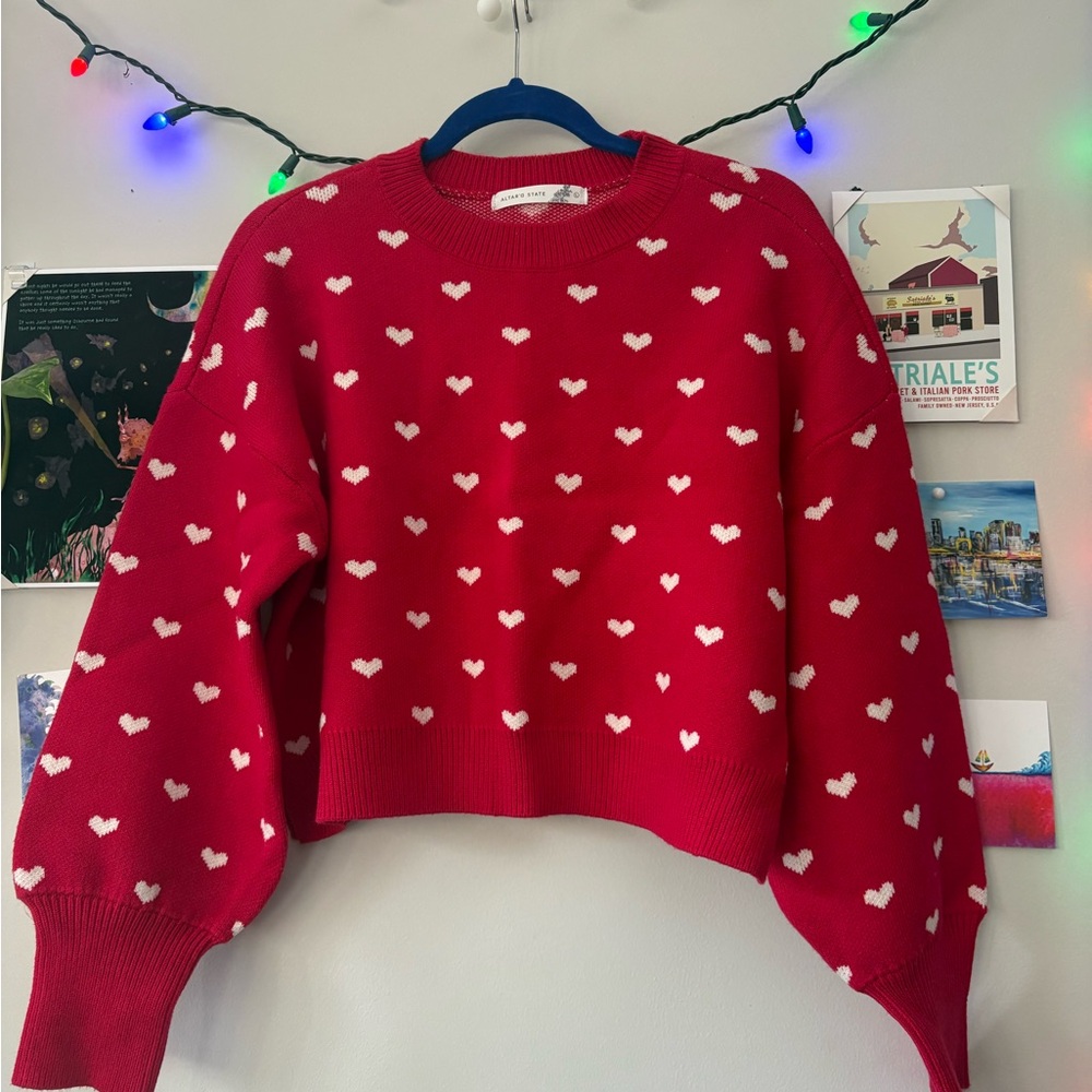 Altar'd State Red Sweater with White Heart Pattern